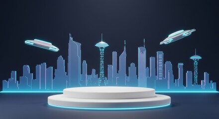 Futuristic cityscape product display stage with holographic skyline backdrop