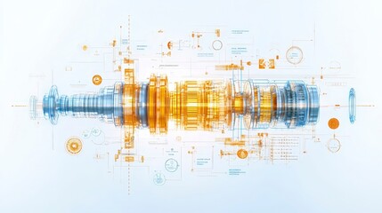 Obraz premium Futuristic engine blueprint with technical details and annotations in vibrant colors on a light background.