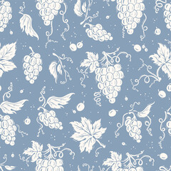 Vector Grapevine Blue White Seamless Pattern. Grapes with Leaves and Tendrils. Different varieties of grapes. Hand-drawn Illustration