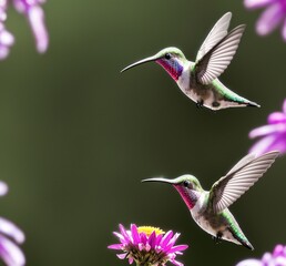 Fototapeta premium A hummingbird flies by a bright flower, its feathers catching the sunlight in a brilliant dance of colors. Generated AI