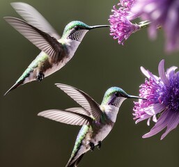 Fototapeta premium A hummingbird flies by a bright flower, its feathers catching the sunlight in a brilliant dance of colors. Generated AI