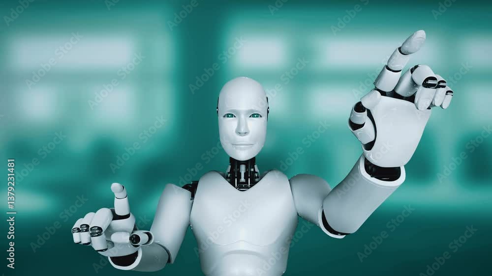 Poster ai hominoid robot touching virtual hologram screen showing concept of big data analytic using artifi