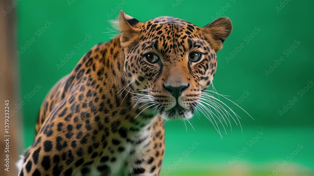 Poster beautiful leopard isolated on a green screen background, looking around with curiosity and attention