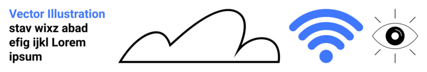 Cloud shape, blue wireless waves, and black eye icon representing connection, vision, and technology. Ideal for network, security, communication, cloud computing tech awareness AI integration