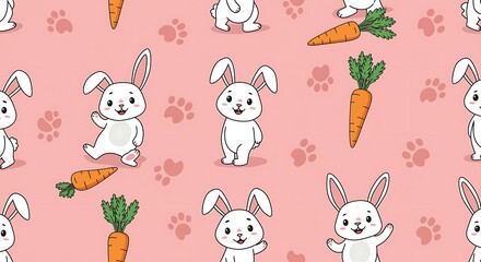 Obraz premium Adorable Bunny Pattern Pink Delightful Cartoon Illustration AI Generated