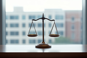 Symbolic scale of justice standing on desk in modern law office with large window view representing fairness balance and legal principles in a professional legal environment