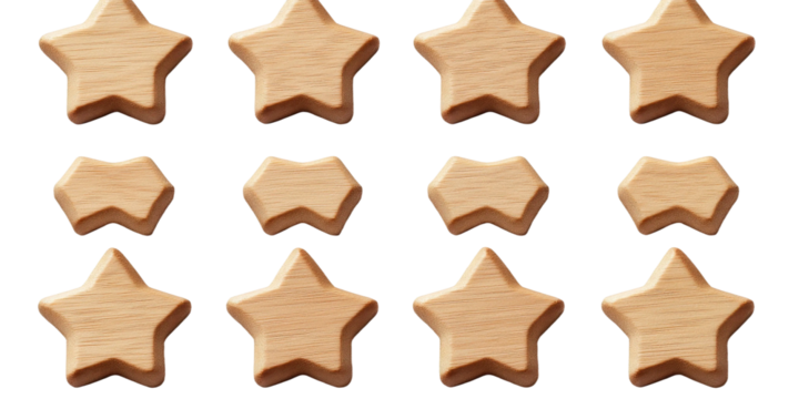 Wooden star shapes in various arrangement on a white background suitable for educational purposes, crafts, and artistic design projects