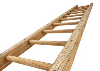 Wooden ladder extending upward with a transparent background