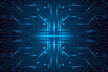 Futuristic AI circuit board, glowing microchip, digital technology vector on dark blue background.