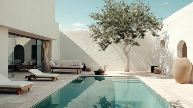 Aerial view of a minimalist Mediterranean courtyard with a pool, sun loungers, and a tree, capturing a serene, sunlit ambiance in a video style.