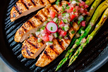 Juicy grilled chicken breast is topped with a vibrant fresh salsa made from tomatoes and herbs, served alongside perfectly grilled asparagus