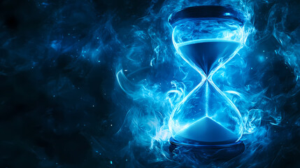 Blue hourglass with flowing sand measuring time against a smoky dark background, embodying the concept of time slipping away and the urgency of fleeting moments. Evaporated Time. Illustration