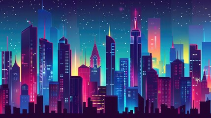 A futuristic cityscape at night, featuring towering skyscrapers adorned with glowing lights