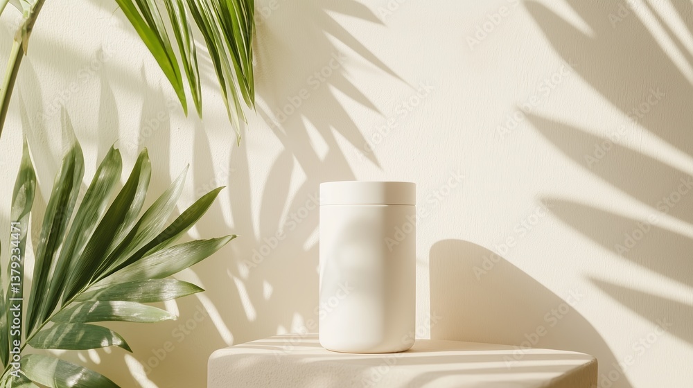 Poster minimalistic container with tropical leaves casting shadows in a bright, natural setting during dayl