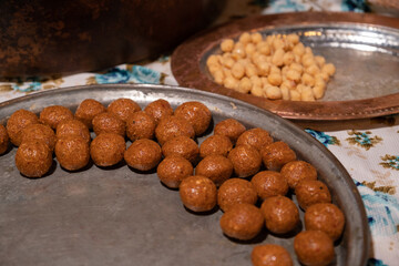 Hand shaped Tonus meatballs before cooking, traditional Turkish preparation, Sivas, Turkey
