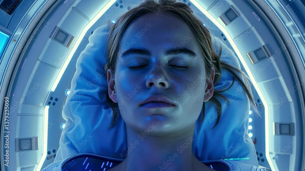 Poster this person in a futuristic cryopod undergoes hibernation in a high-tech setting.