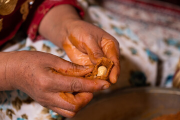 Hand shaped Tonus meatballs before cooking, traditional Turkish preparation, Sivas, Turkey