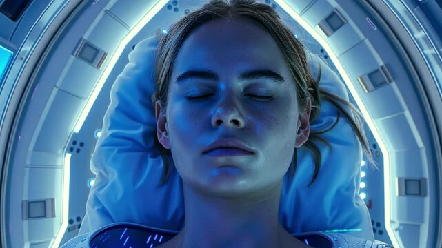 This person in a futuristic cryopod undergoes hibernation in a high-tech setting.