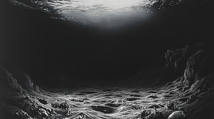 a shadowy abyss where the ocean fades into pitch-black darkness, hiding unseen creatures. Unseen Abyss. Illustration