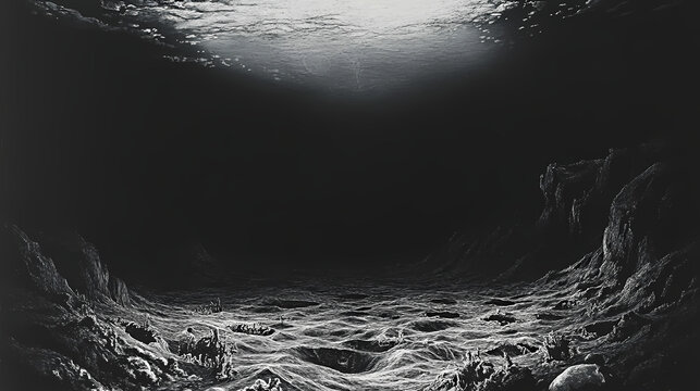 a shadowy abyss where the ocean fades into pitch-black darkness, hiding unseen creatures. Unseen Abyss. Illustration