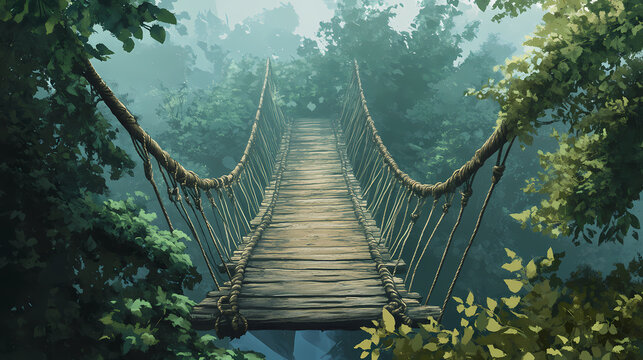 Fototapeta A detailed illustration depicts an old, rustic rope bridge with a wooden walkway leading to a distant, unseen destination. Unseen Abyss. Illustration