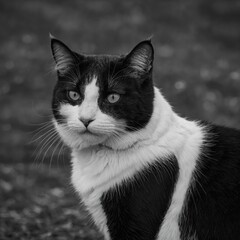 A bi-color tuxedo cat looking elegant in its black-and-white coat.