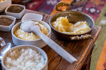 Ingredients used for preparing Divrigi Pilavi, a traditional Turkish meat dish
