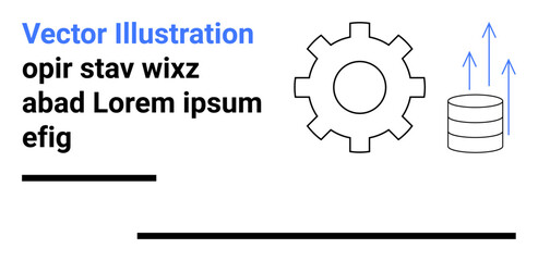 Gear and upward arrows near data stack convey growth, development, and innovation. Ideal for technology, engineering, software, automation, data analysis, process improvement simple landing page