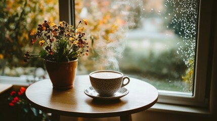 A steaming latte in a delicate cup, placed on a round table near a sunlit window with morning mist outside.