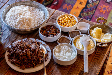 Ingredients used for preparing Divrigi Pilavi, a traditional Turkish meat dish