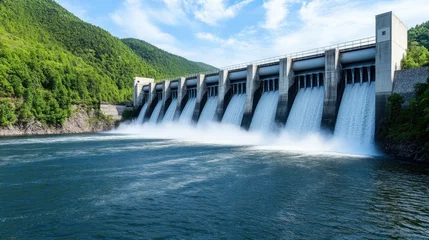 Fleecedeken met foto Majestic Hydroelectric Dam Generating Power Amidst Lush Green Mountains and Clear Blue Sky © khonkangrua