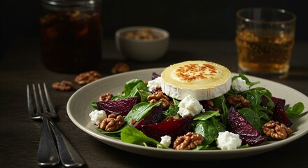 A gourmet salad with beets goat cheese walnuts and greens served on a plate with a fork and drinks