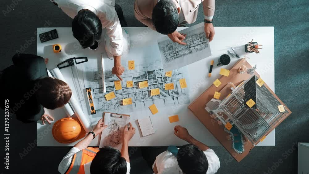Poster top down view of skilled engineer team compare between blueprint and house plan. aerial view of grou