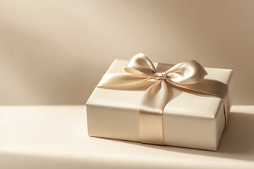Cream Gift Box with Silk Ribbon on Minimalist Beige Background