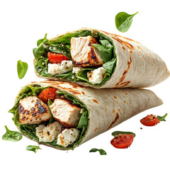 A Fresh Spinach and Feta Wrap with Grilled Chicken Isolated on Transparent Background