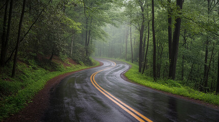 Fototapeta premium Winding Road Through Rainy North Georgia Forest