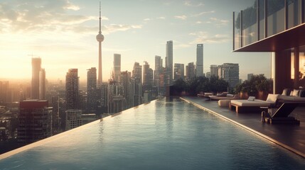 Elegant penthouse hotel suite with a private terrace, a stylish lounge area, and an infinity pool with a city skyline view.