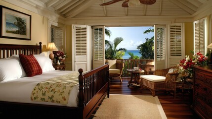 Elegant resort hotel bedroom with a king-size bed, wooden accents, and an open terrace with ocean views.