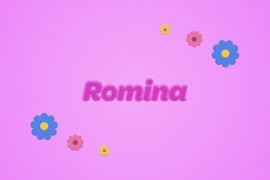 Romina female girl name illustration in pink with blossoms, flowers