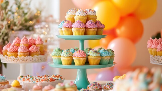 A Delightful Display of Pastel Cupcakes at a Festive Gathering - Powered by Adobe