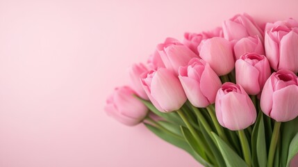 Fototapeta premium Beautiful bouquet of pink tulips on pastel pink background, perfect for spring and floral arrangements