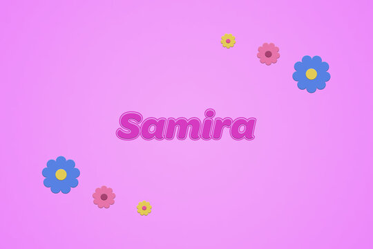 Samira female girl name illustration in pink with blossoms, flowers