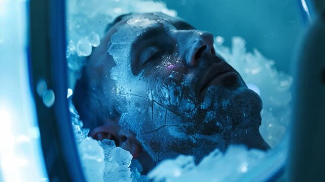 This person in a cryogenic chamber surrounded by ice symbolizes advanced preservation methods.