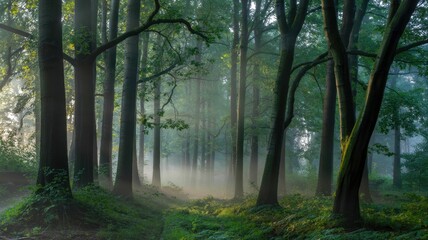 Forest landscape, fairy-tale atmosphere, fantastical forest, green trees, sun rays through the branches, forest sunrise.