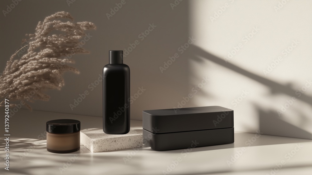 Poster minimalist product display with black containers and natural elements in a softly lit setting