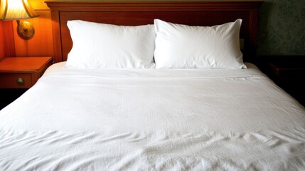 Plain budget hotel bed with crisp white linens, a single pillow, and a small wall-mounted reading light.