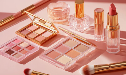 Beauty still life with cosmetic items in soft pink and gold tones,