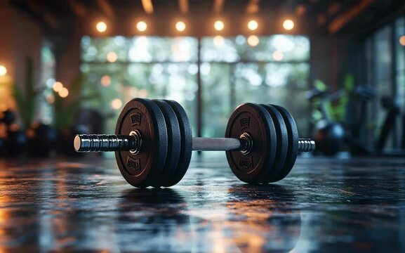 Blender 3D render of a gym environment with a focus on a person lifting weights, symbolizing health improvement, isolated background, perspective shot.