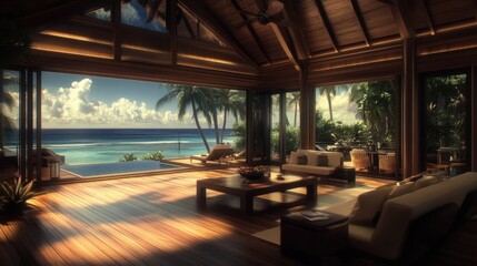 Resort hotel open-air lobby with elegant wooden beams, panoramic ocean views, and tranquil ambiance.