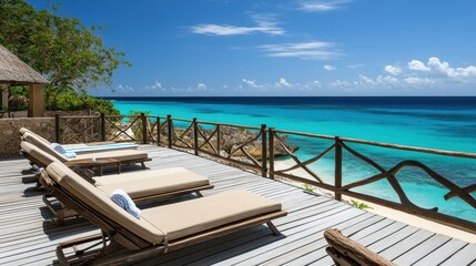 Fototapeta premium Resort sun deck with plush lounge chairs, infinity pool edge, and an uninterrupted ocean horizon.